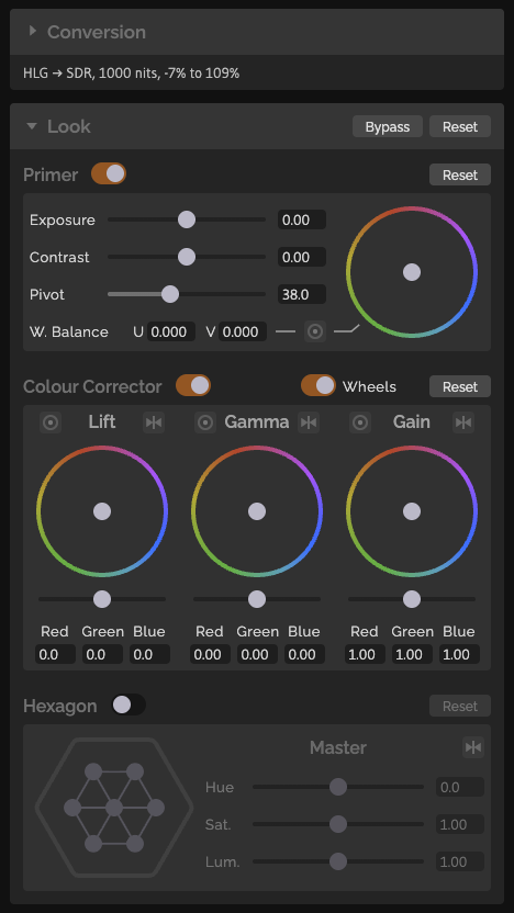 Lyra control panel: conversion, look and colour-correction controls